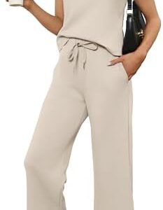 XIEERDUO Two Piece Sets for Women Summer Lounge Sets Beach Vacation Travel Outfits Casual Wide Leg Pants Matching Sets