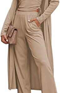 Ekouaer Women's 3 Piece Knit Lounge Set Pajama Long Sleeve Cardigan Sleeveless Top Pants Sweatsuit S-XXL