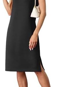 GRECERELLE 2025 Women Summer Round Neck Casual Loose Split Wrinkle-Free Midi Dress with Pockets (XS-3XL)