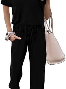 MASCOMODA Womens 2 Piece Outfits Summer Casual V Neck Short Sleeve Tops Long Pants Tracksuit Lounge Jogger Set with Pockets