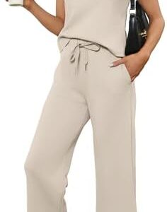 SAMPEEL Two Piece Sets for Women Summer Outfits Lounge Sets Mock Neck Tops Wide Leg Crop Pants Vacation Travel Outfits