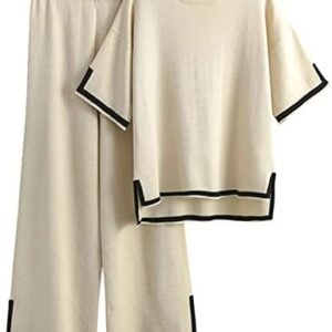 Faleave Womens Knit 2 Piece Sweater Sets Short Sleeve Pullover Tops Elastic Waist Wide Leg Pants Lounge Set