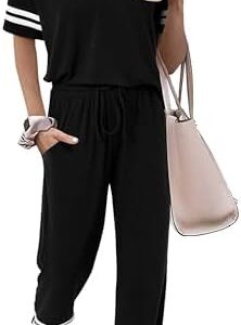 MASCOMODA 2 Piece Outfits for Women 2025 Summer Casual Quarter Zip Short Sleeve Tops Long Pants Tracksuit Jogger Lounge Sets