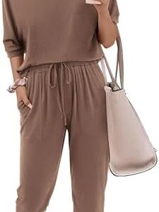 Zenlonr Women Summer 2 Piece Outfits 2025 Off Shoulder Short Sleeve Tops Elastic Waist Drawstring Long Pants Tracksuit