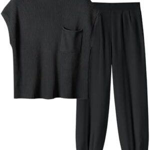 ANRABESS Women's Two Piece Outfits Knit Sweater Vest Crop Top Pants Lounge Matching Tracksuit Sweatsuit Travel Clothes Sets