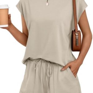 AUTOMET Womens Crew Neck Two Piece short Sets Cap Sleeve Drawstring Summer Sweatsuit with Pocket