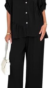 KIRUNDO Two Piece Sets for Women Summer Outfits 2025 Dressy Casual Half Sleeve Button Down Shirt Wide Leg Pants Lounge Set