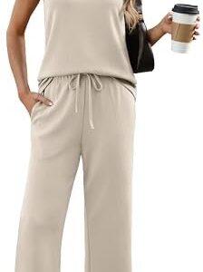 WIHOLL Two Piece Sets for Women Summer Outfits Matching Lounge Sets Wide Leg Crop Pants Vacation Travel
