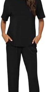 WiWi Viscose from Bamboo Pajamas Set for Women Short Sleeve Loungewear 2 Piece Outfit Long Pants Jogger Sets Pjs S-XXL