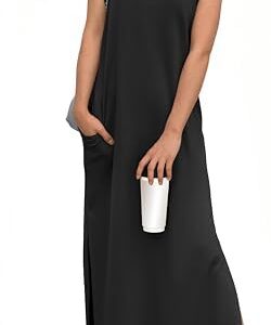 GRECERELLE 2025 Women Summer Round Neck Casual Loose Split Wrinkle-Free Long Maxi Vacation Dress with Pockets (XS-3XL)