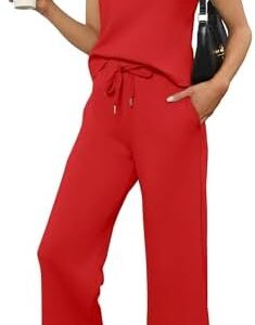 SAMPEEL Two Piece Sets for Women Summer Outfits Lounge Sets Mock Neck Tops Wide Leg Crop Pants Vacation Travel Outfits