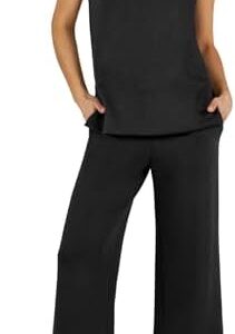ANRABESS Women's 2 Piece Sets Summer Travel Airplane Outfits Sleeveless Wide Leg Casual Lounge Matching Sweat Set Sweatsuits