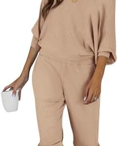 PRETTYGARDEN Women's 2 Piece Ribbed Tracksuit Outfits Off Shoulder Long Sleeve Pullover Lounge Pants with Pockets