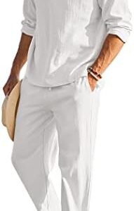 COOFANDY Men's 2 Pieces Cotton Linen Set Henley Shirt Long Sleeve and Casual Beach Pants Summer Yoga Outfits
