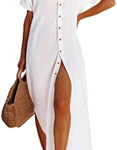 Dokotoo Womens Casual Short Sleeve Side Split Button Down Long Kimonos Cardigans Swimsuit Cover Ups Summer Beach Dress
