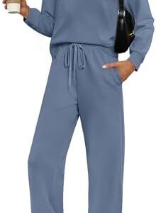 WIHOLL Two Piece Sets for Women Fall Outfits Lounge Sets Mock Neck Tops Wide Leg Pants Vacation Travel Airport Outfits