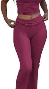 ZFLM Casual Workout Two Piece Outfits for Women Short Sleeve Crop High Waist Foldover Flare Pants Tracksuit Sets Streetwear