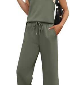 OFEEFAN Lounge Sets for Women 2 Piece Matching Sets Spring Summer Outfits Casual Cap Sleeve Crewneck Wide Leg Pants