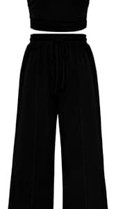 BTFBM Women Summer 2 Piece Outfits 2025 Beach Crew Neck Sleeveless Cropped Top Elastic Waist Wide Leg Pants Lounge Set