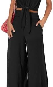 PRETTYGARDEN Women's Summer 2 Piece Outfits 2025 Cap Sleeve V Neck Belted Crop Tops Wide Leg Pant Sets Casual Tracksuit