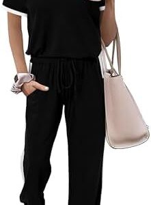 MASCOMODA Womens 2 Piece Outfits 2025 Summer Tracksuit Sets Short Sleeve Tops Travel Long Pants Jogger Lounge Set