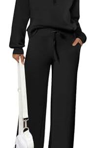PRETTYGARDEN Women's 2 Piece Outfits Casual Lapel Half Zip Sweatshirts And Wide Leg Pants Tracksuit Sets