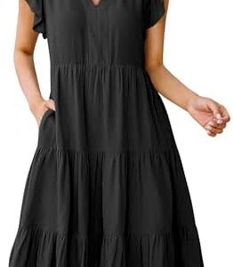 ANRABESS Womens Summer Dress Ruffle Sleeve V Neck Midi Dresses Fashion Casual Fit Flowy Tiered Boho Beach Vacation Sundress