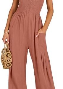 ANRABESS Women Summer Casual Dressy Sleeveless Smocked Wide Leg Linen Jumpsuits Rompers 2025 Trendy Travel Outfit Pocket