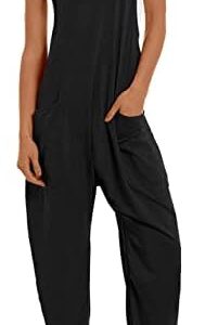 Lentta Women's Causal Jumpsuits V Neck Sleeveless Harem Overalls Stretchy Adjustable Strap Romper with Pockets