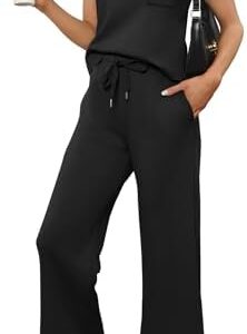 WIHOLL 2 Piece Sets for Women Summer Travel Vacation Outfits Casual Mock Neck Wide Leg Crop Pants Lounge Sets