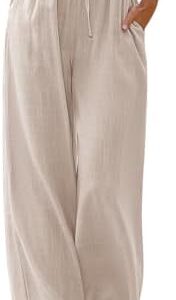 LILLUSORY Women's Linen Summer Palazzo Pants Flowy Wide Leg Beach Pants with Pockets