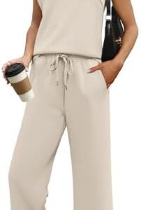 SAMPEEL Two Piece Sets for Women Casual Travel Vacation Outfits Summer Wide Leg Crop Pants Lounge Sets