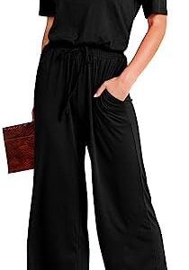 ANRABESS Women Summer Casual Short Sleeve V Neck Elastic Waist Wide Leg Cropped Pants Jumpsuits Rompers with Pockets
