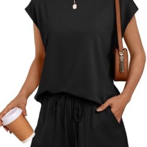 LILLUSORY Womens Crew Neck Cap Sleeve Drawstring Two Piece Summer short Sets Sweatsuit with Pocket