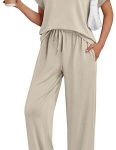 AUTOMET Women's Mock Neck 2 Piece Lounge Set Matching Summer Loose Fit Wide Leg Pants Set