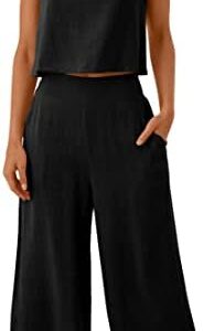 ANRABESS Women's Summer 2 Piece Outfits Sleeveless Crop Top Capri Wide Leg Pants Jumpsuit Linen Lounge Beach Travel Sets