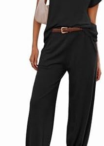 Ekouaer Women's 2 Piece Lounge Set Cap Sleeve Tops and Jogger Pants Knit Pajama Sweatsuit S-XXL