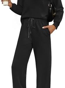 WIHOLL Two Piece Sets for Women Fall Outfits Lounge Sets Mock Neck Tops Wide Leg Pants Vacation Travel Airport Outfits