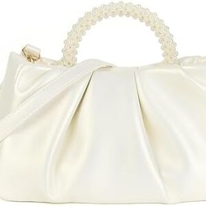 Valleycomfy Evening Clutch Pearl Purses for Women Ladies Soft Leather Ruched Crossbody Bags Shoulder Bag for Party Wedding