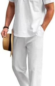 COOFANDY Men's 2 Pieces Cotton Linen Set Casual Short Sleeve Henley Shirts Beach Yoga Pants Summer Outfits