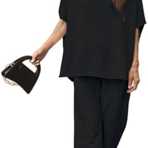 Women's Two Piece Outfits 3/4 Batwing Sleeve Capelet Crew Neck Pullover Top Wide Leg Pants Lounge Set