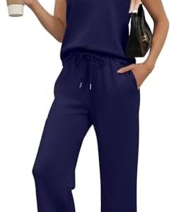 WIHOLL Two Piece Set for Women Summer Outfits Vacation Lounge Sets Round Neck Matching Sets Wide Leg Crop Pants