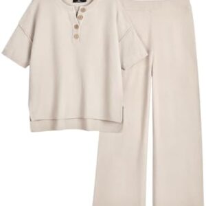 LILLUSORY Lounge Sets for Women 2 Piece Casual Outfits Matching Sets Short Sleeve Cozy knit Tops and Elastic Waisted Pants