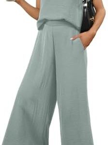 EVALESS Women's Summer 2 Piece Outfits Fashion 2025 Cap Sleeve Top and Wide Leg Pants Matching Set Vacation Outfits