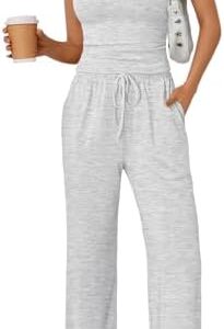 Trendy Queen 2 Piece Matching Summer Sweatsuit Lounge Set Womens Wide Leg Pants Side Ruching Crop Top Sets