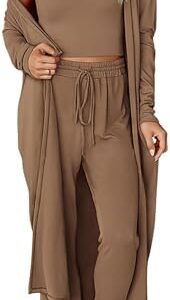 KIRUNDO Women Spring 3 Piece Outfits Casual Fall Long Sleeve Long Cardigan Sleeveless Crop Top Drawstring Pants Lounge Sets
