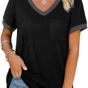 Geifa Womens T Shirts Short Sleeve V Neck Loose Casual Summer Tops with Pocket