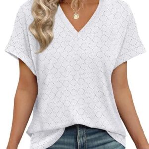 WIHOLL Womens Tops Short Sleeve Basic Summer V Neck T Shirts Dressy Casual Loose Fit Eyelet Tees Cute Flowy Fashion Outfits