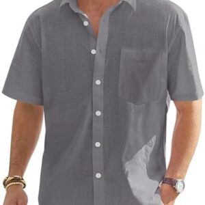 J.VER Men's Cotton Linen Short Sleeve Shirts Casual Lightweight Button Down Shirts Vacation Beach Summer Tops with Pocket