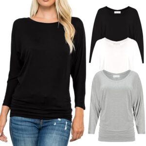 Free to Live 3 Pack 3/4 Sleeve Dolman Tops for Women Dressy Business Casual Shirts Travel Work Clothes Tunic for Leggings